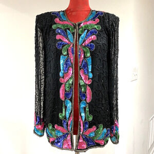 Vintage Beaded Cocktail Jacket Silky Nites by Cherish black beads & multi sequin
